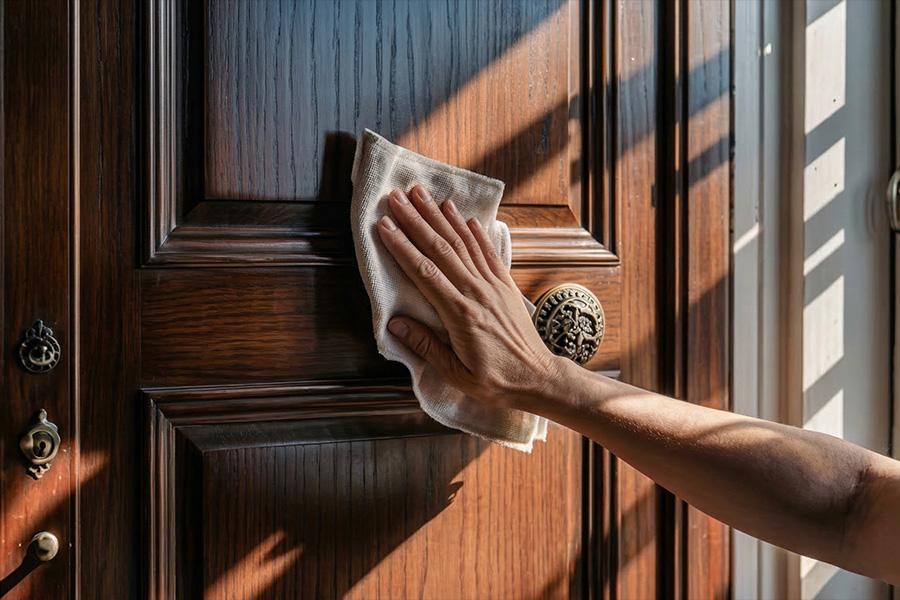 Homeowner gently cleaning a wood front door in Sarasota with a soft cloth