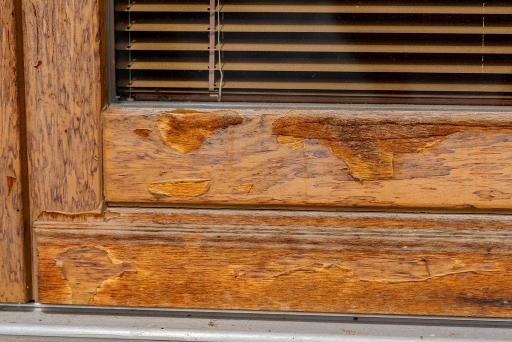 Close-up of fine cracks and peeling protective coating on an exterior wood front door