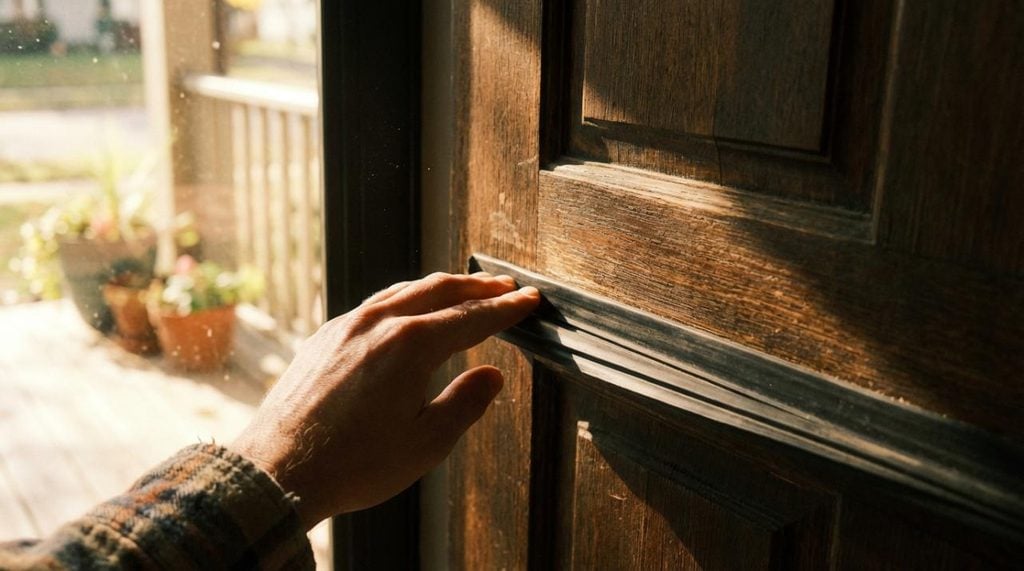 Homeowner checking a wood front door for sticking and alignment problems during humid weather